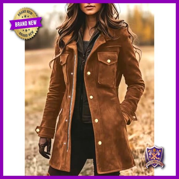 Women's Retro Faux Suede Leather Jacket Zip Up Military Utility Safari Shacket - Picture 2 of 2